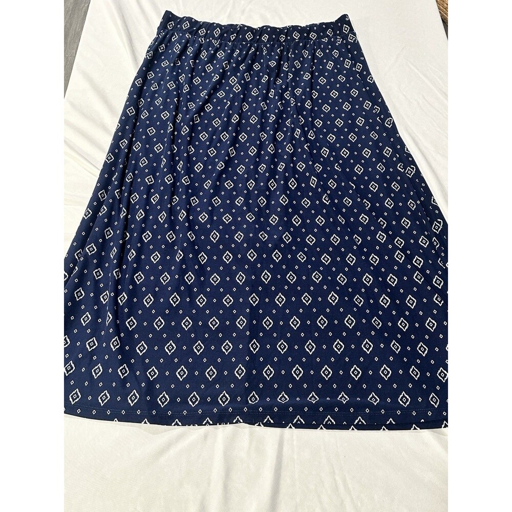 Terra & Sky 2X 20W 22W Navy Geometric Print Full Length Maxi Skirt Stretch